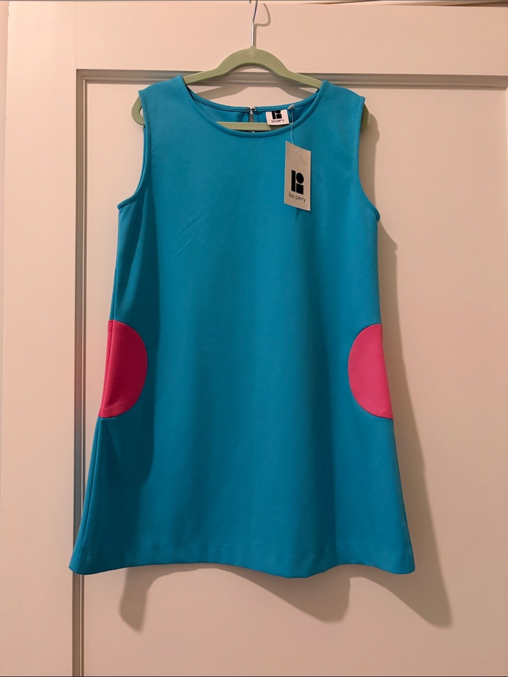 Lisa Perry Turquoise Shift Dress with Pink Patch Pockets